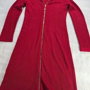 Calvin Klein Red Ribbed Knit Full Zip Sweater Dress Petite Small Minimalist PS